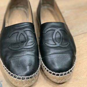 CHANEL Black Leather Espadrille Flats